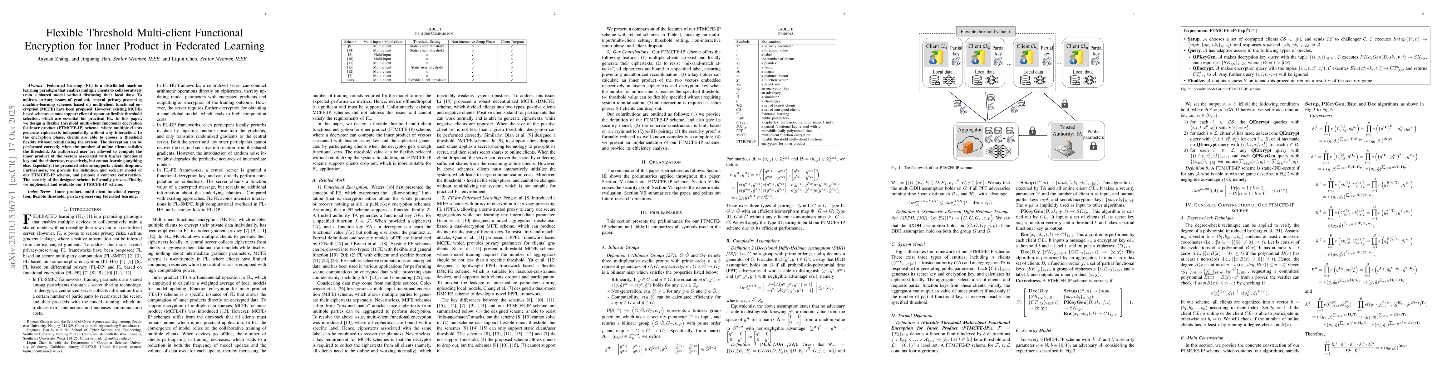 Thumbnail for Flexible Threshold Multi-client Functional Encryption for Inner Product
  in Federated Learning