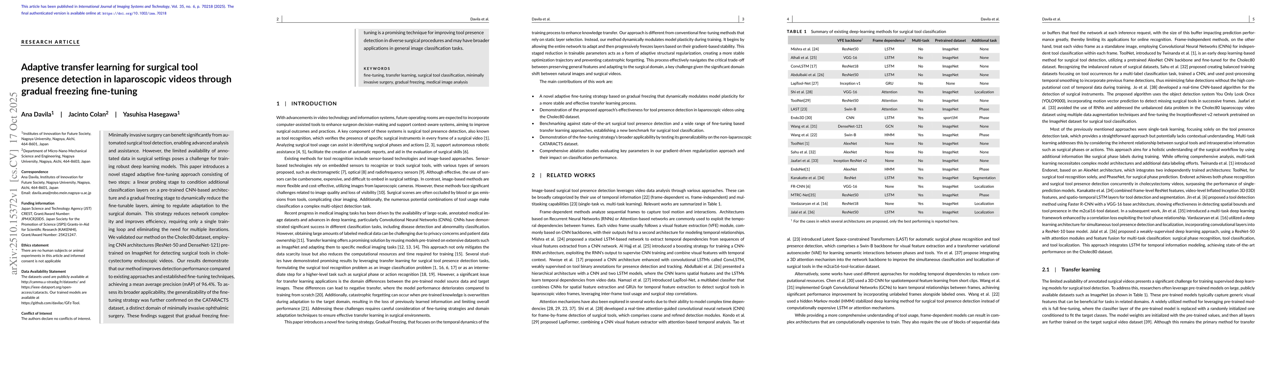 Thumbnail for Adaptive transfer learning for surgical tool presence detection in
  laparoscopic videos through gradual freezing fine-tuning