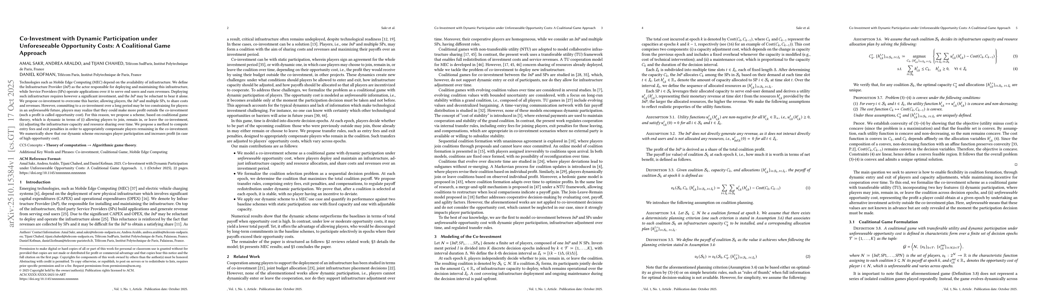 Thumbnail for Co-Investment with Dynamic Participation under Unforeseeable Opportunity
  Costs: A Coalitional Game Approach