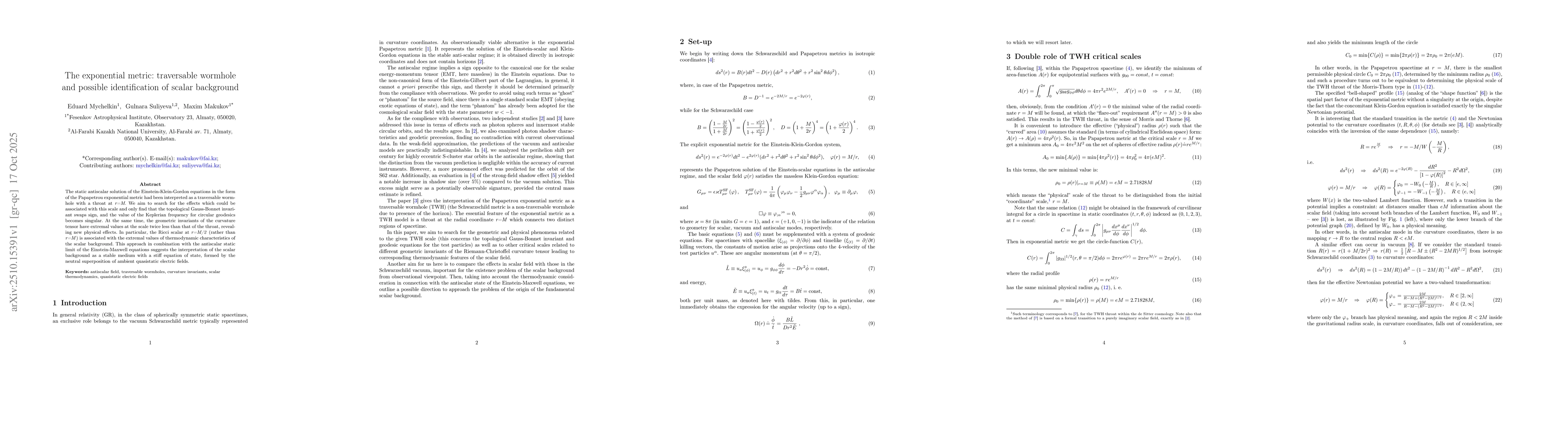 Thumbnail for The exponential metric: traversable wormhole and possible identification
  of scalar background
