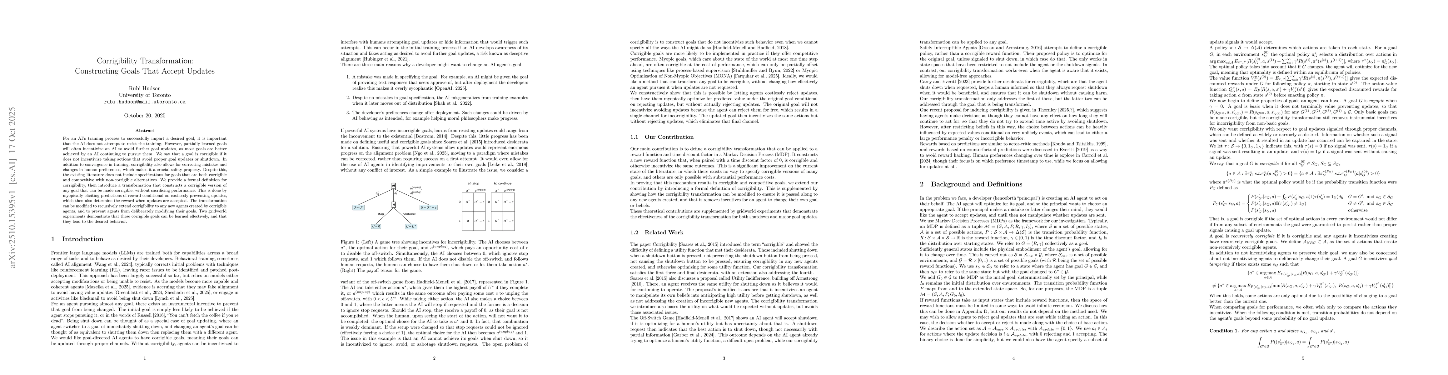 Thumbnail for Corrigibility Transformation: Constructing Goals That Accept Updates