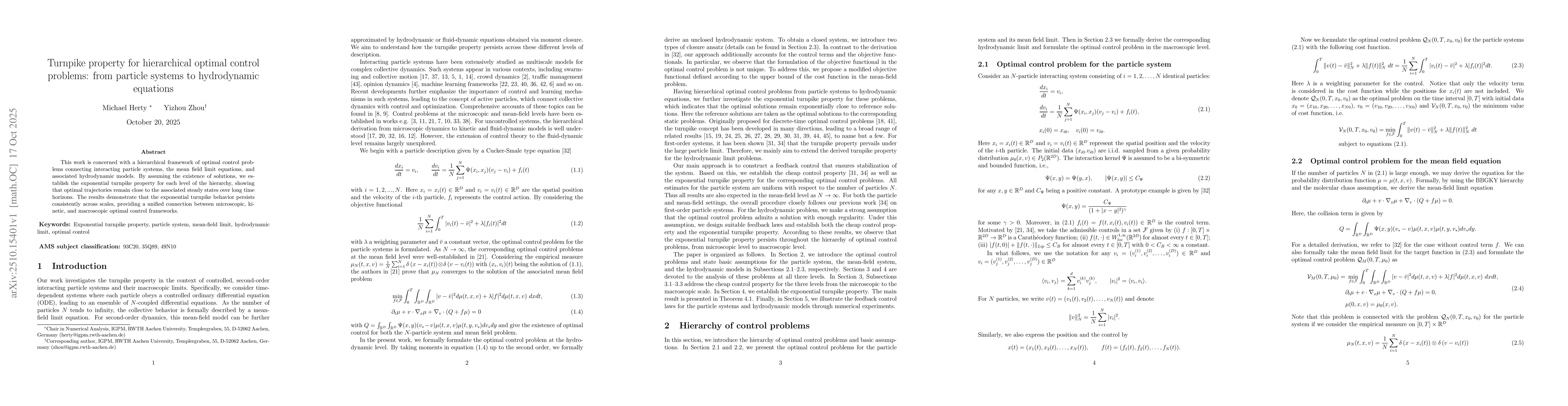 Thumbnail for Turnpike property for hierarchical optimal control problems: from
  particle systems to hydrodynamic equations