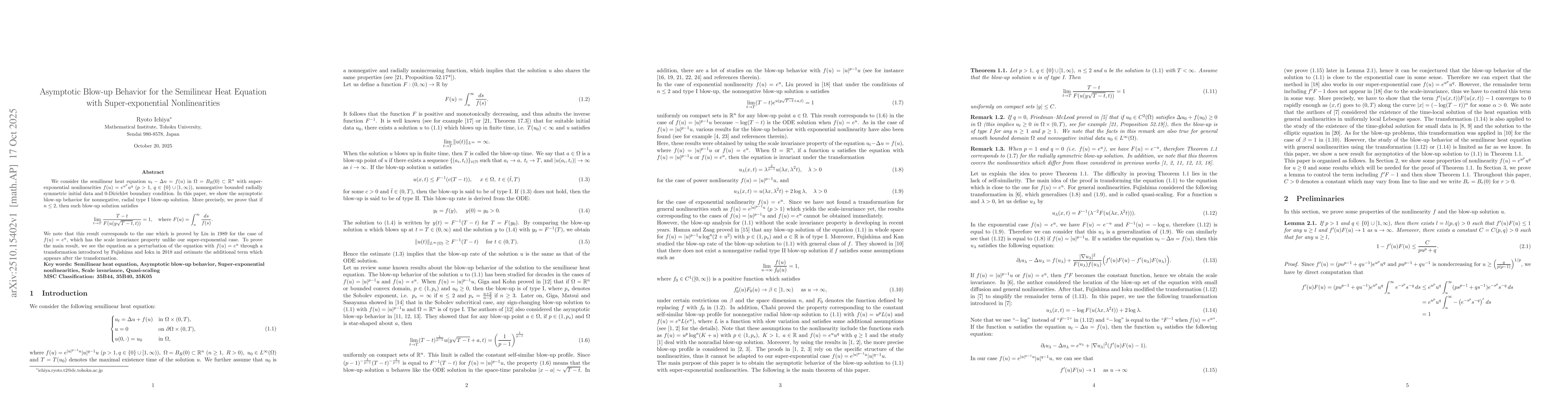Thumbnail for Asymptotic Blow-up Behavior for the Semilinear Heat Equation with
  Super-exponential Nonlinearities