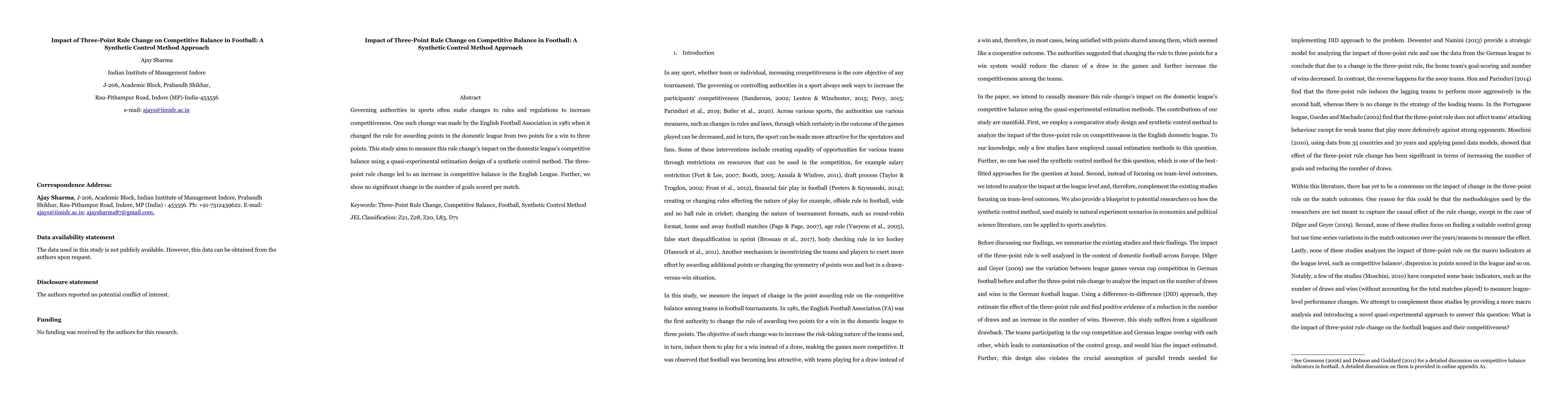 Thumbnail for Impact of Three-Point Rule Change on Competitive Balance in Football: A
  Synthetic Control Method Approach