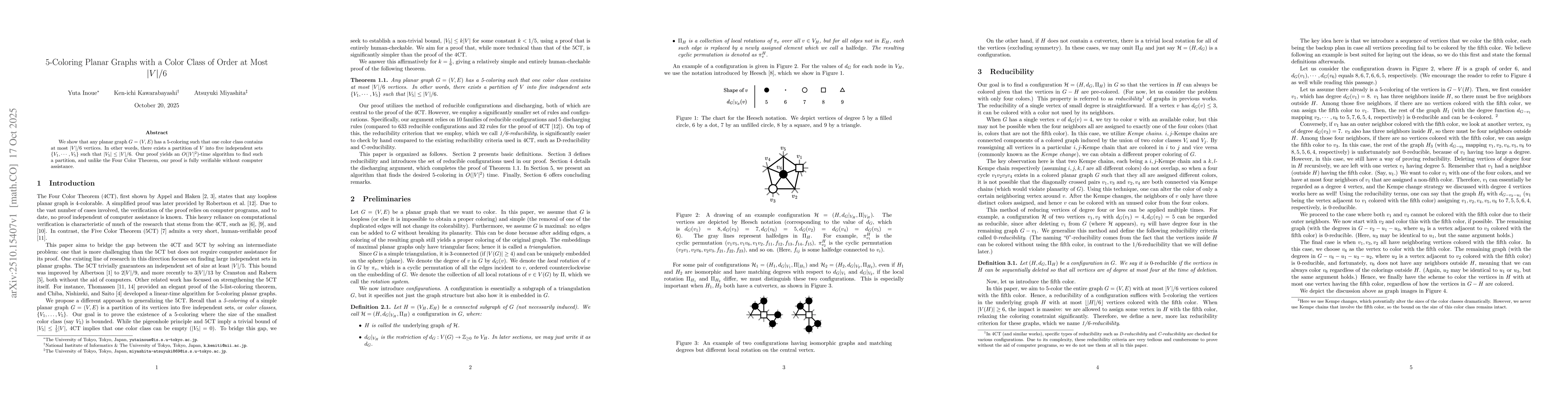 Thumbnail for 5-Coloring Planar Graphs with a Color Class of Order at Most $|V|/6$