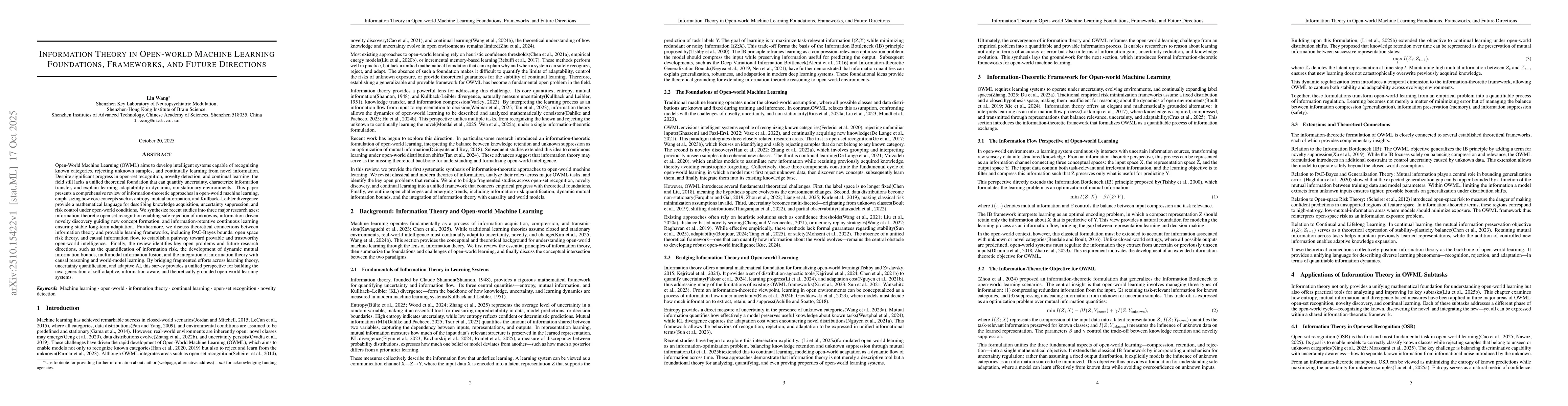 Thumbnail for Information Theory in Open-world Machine Learning Foundations,
  Frameworks, and Future Direction
