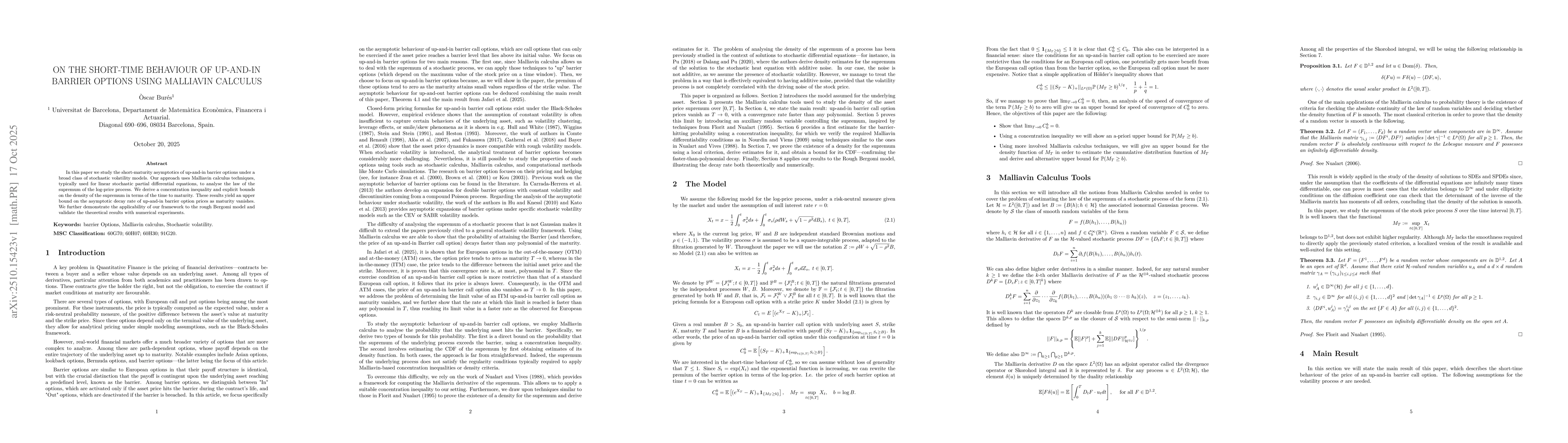 Thumbnail for On the short-time behaviour of up-and-in barrier options using Malliavin
  calculus
