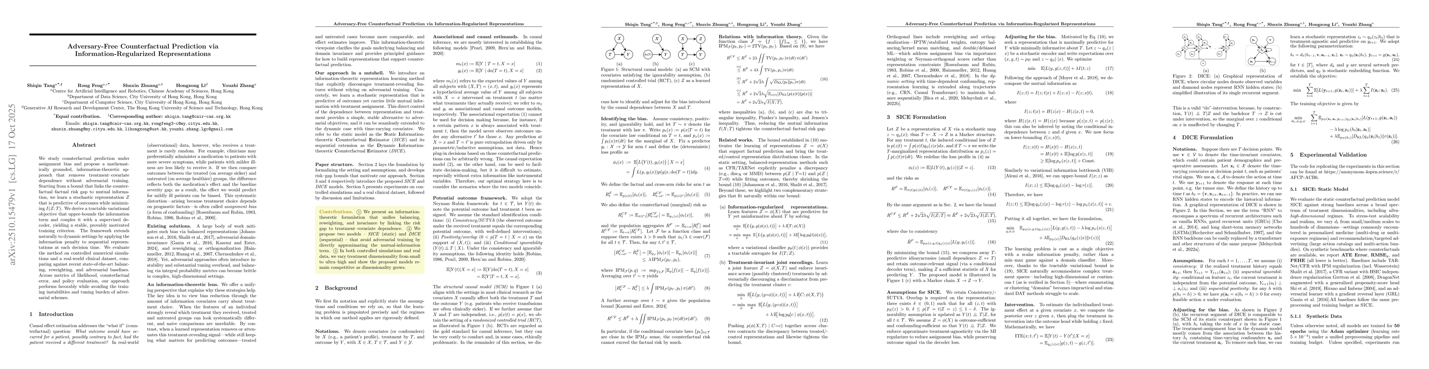 Thumbnail for Adversary-Free Counterfactual Prediction via Information-Regularized
  Representations