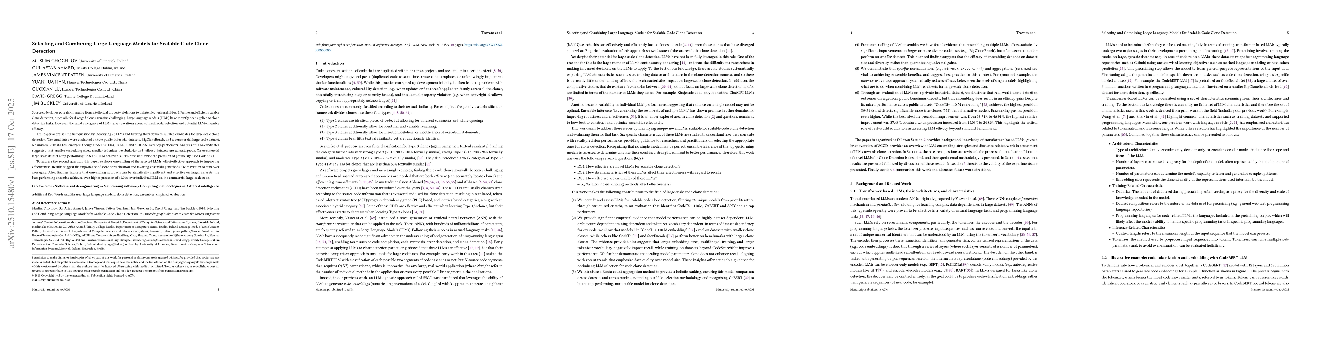 Thumbnail for Selecting and Combining Large Language Models for Scalable Code Clone
  Detection