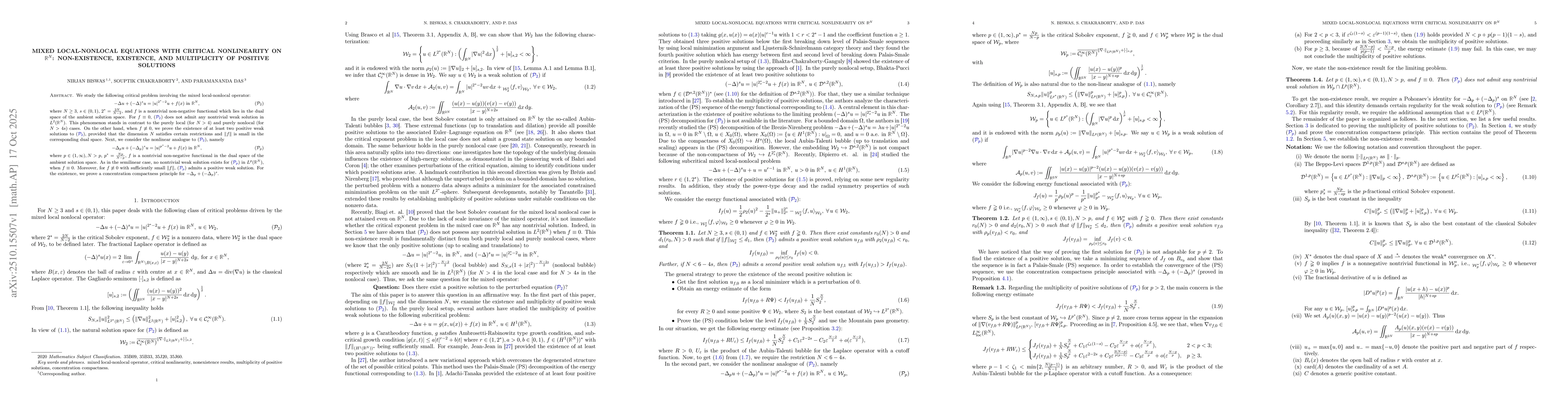 Thumbnail for Mixed local-nonlocal equations with critical nonlinearity on
  $\mathbb{R}^N$: Non-existence, Existence, and Multiplicity of positive
  solutions