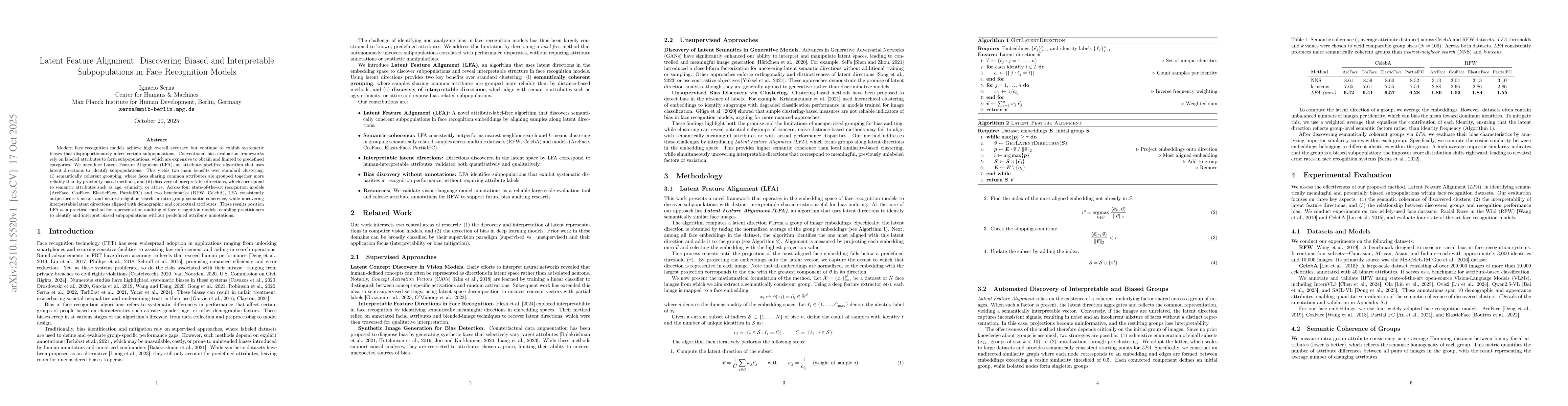 Thumbnail for Latent Feature Alignment: Discovering Biased and Interpretable
  Subpopulations in Face Recognition Models