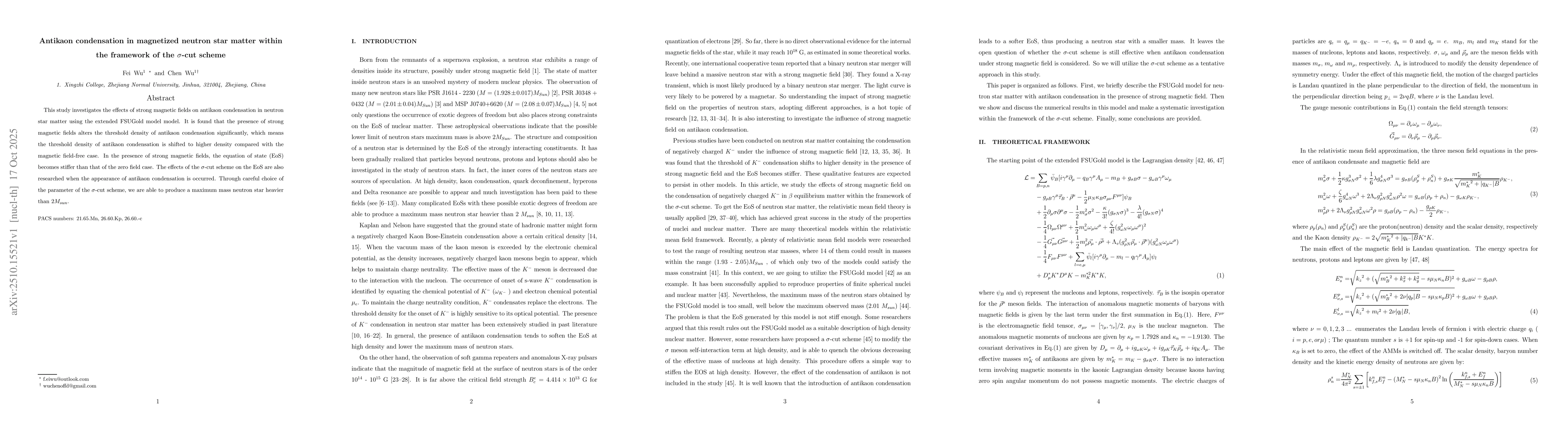 Thumbnail for Antikaon condensation in magnetized neutron star matter within the
  framework of the $σ$-cut scheme