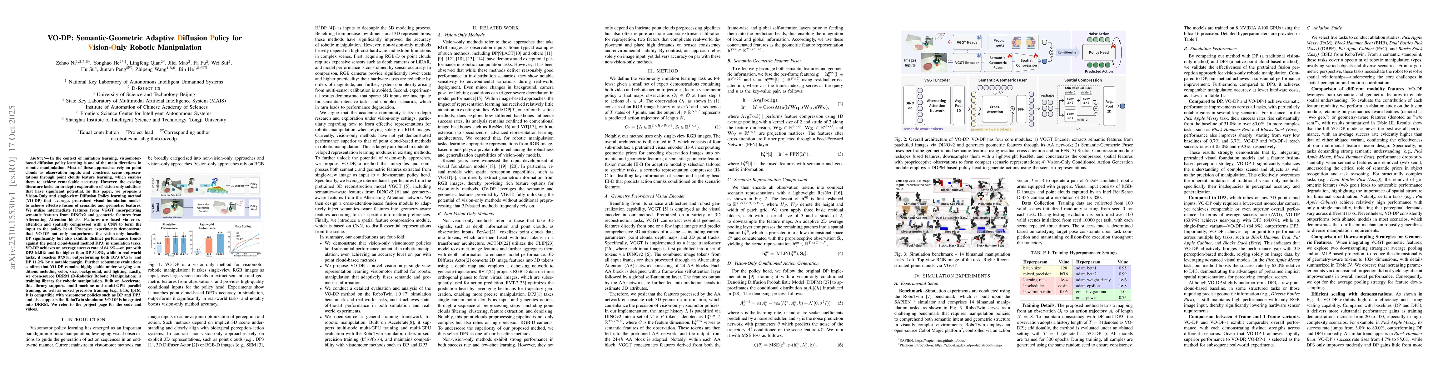 Thumbnail for VO-DP: Semantic-Geometric Adaptive Diffusion Policy for Vision-Only
  Robotic Manipulation