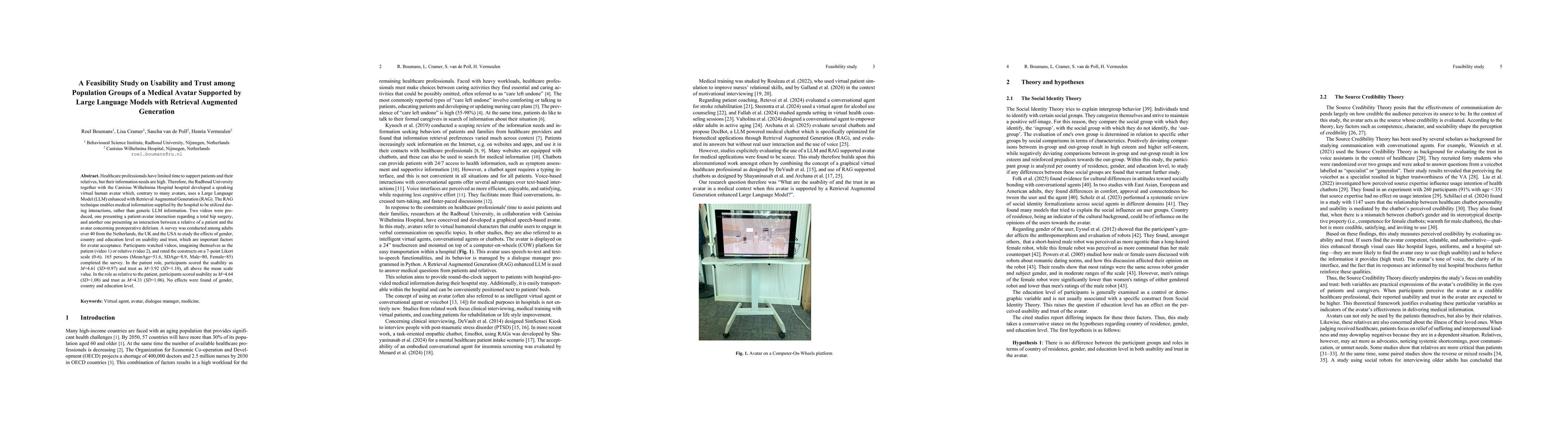 Thumbnail for A Feasibility Study on Usability and Trust among Population Groups of a
  Medical Avatar Supported by Large Language Models with Retrieval Augmented
  Generation