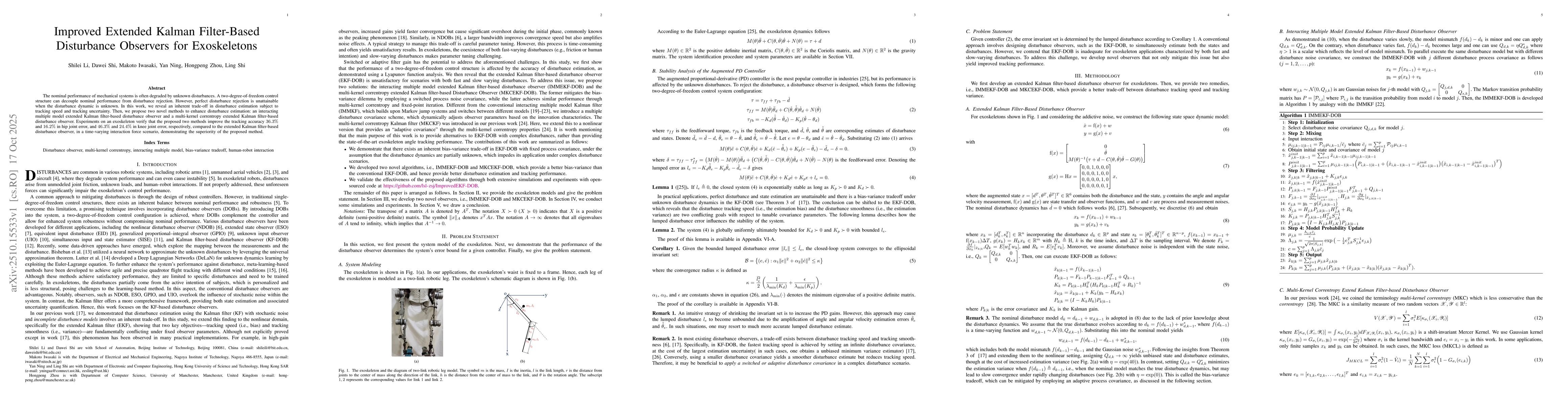 Thumbnail for Improved Extended Kalman Filter-Based Disturbance Observers for
  Exoskeletons