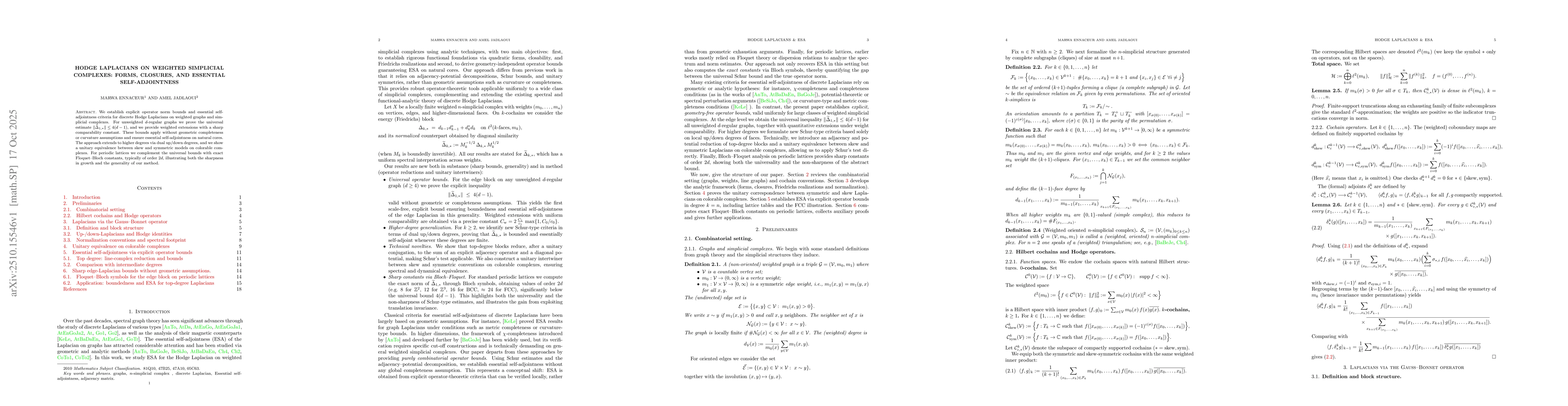 Thumbnail for Hodge Laplacians on Weighted Simplicial Complexes: Forms, Closures, and
  Essential Self-Adjointness