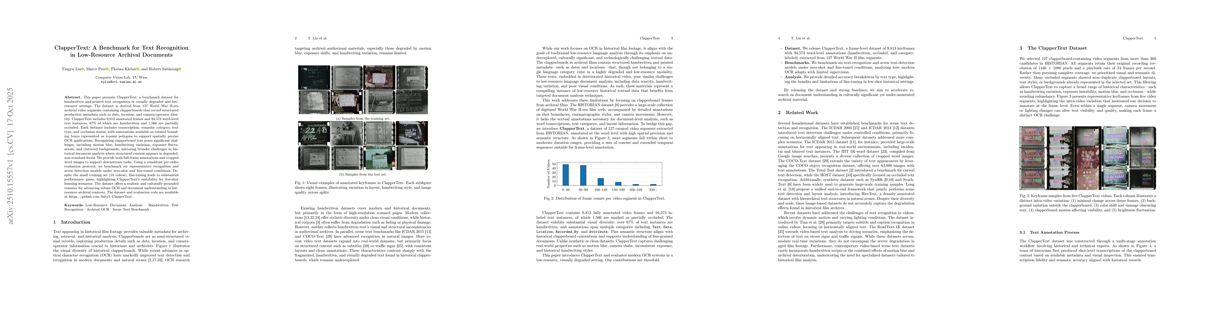 Thumbnail for ClapperText: A Benchmark for Text Recognition in Low-Resource Archival
  Documents