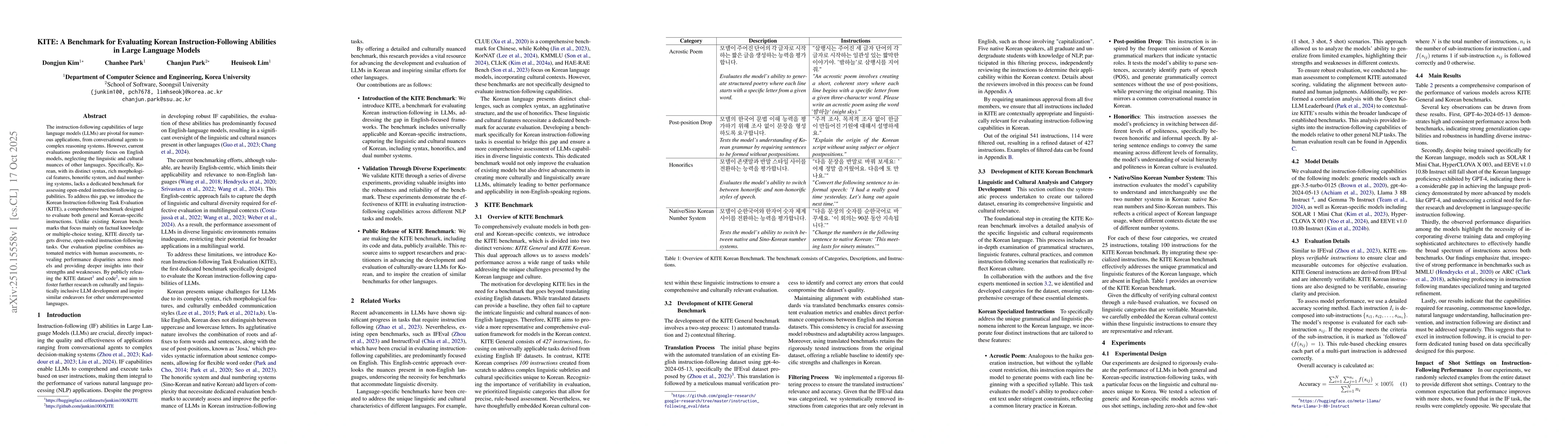 Thumbnail for KITE: A Benchmark for Evaluating Korean Instruction-Following Abilities
  in Large Language Models