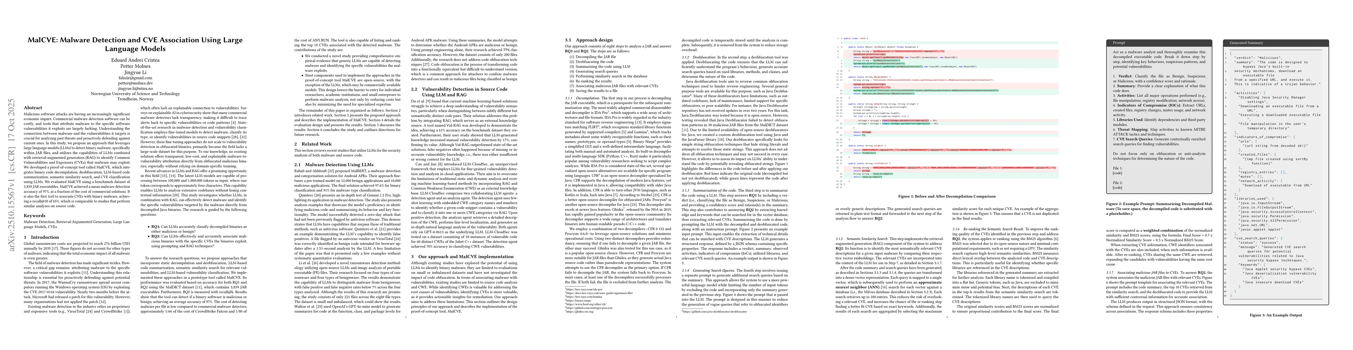 Thumbnail for MalCVE: Malware Detection and CVE Association Using Large Language
  Models