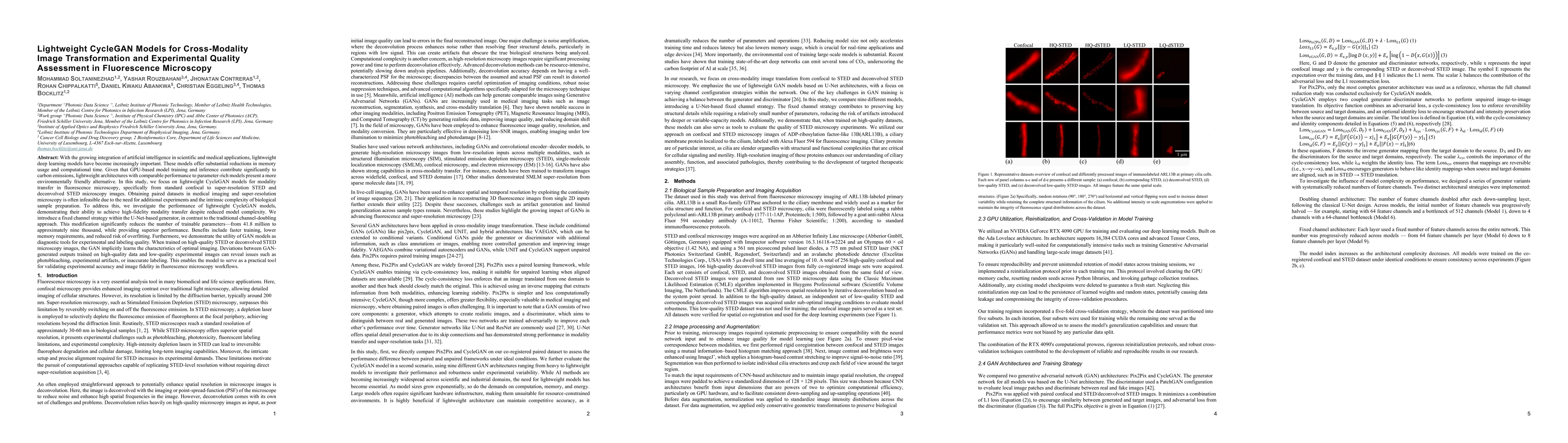 Thumbnail for Lightweight CycleGAN Models for Cross-Modality Image Transformation and
  Experimental Quality Assessment in Fluorescence Microscopy