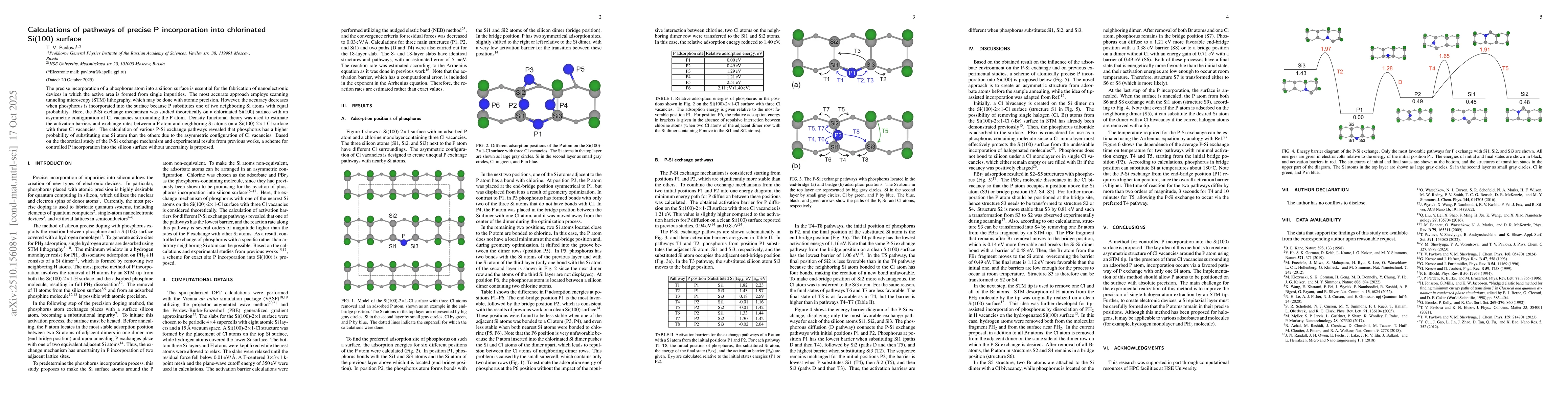 Thumbnail for Calculations of pathways of precise P incorporation into chlorinated
  Si(100) surface