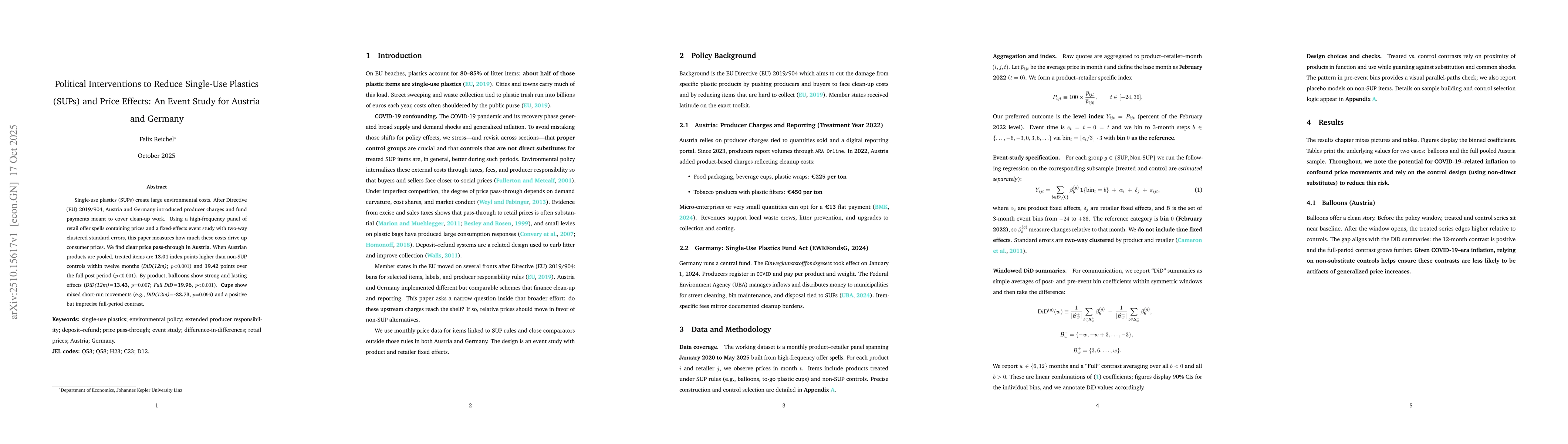 Thumbnail for Political Interventions to Reduce Single-Use Plastics (SUPs) and Price
  Effects: An Event Study for Austria and Germany