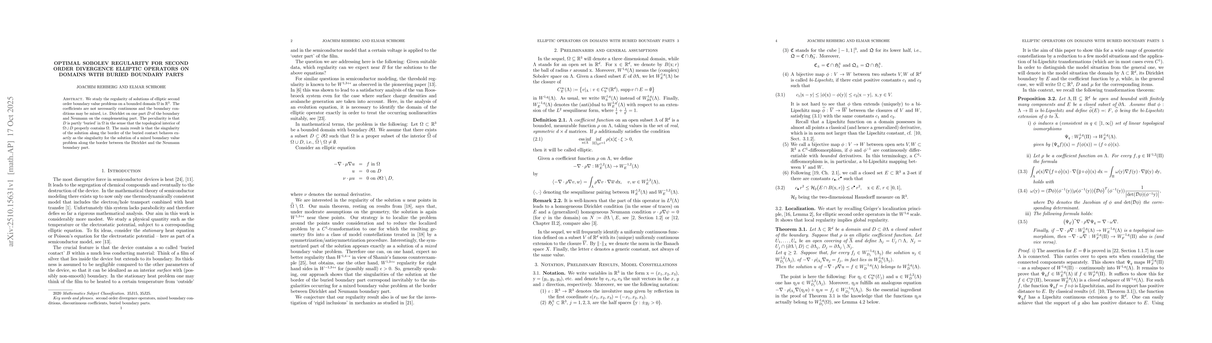 Thumbnail for Optimal Sobolev Regularity for Second Order Divergence Elliptic
  Operators on Domains with Buried Boundary Parts