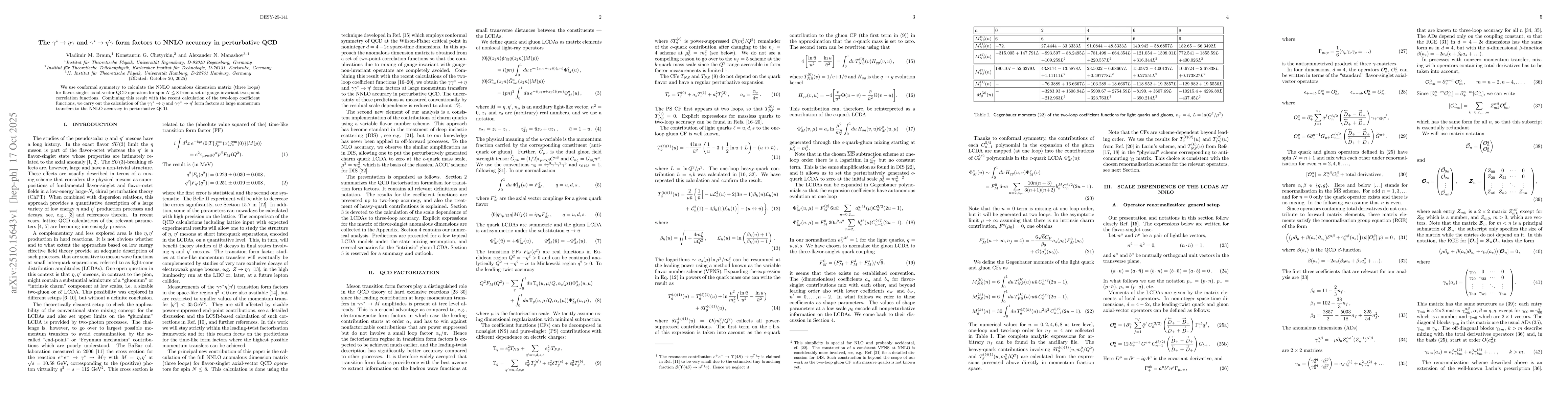 Thumbnail for The $γ^\ast\to ηγ$ and $γ^\ast\to η'γ$ form
  factors to NNLO accuracy in perturbative QCD