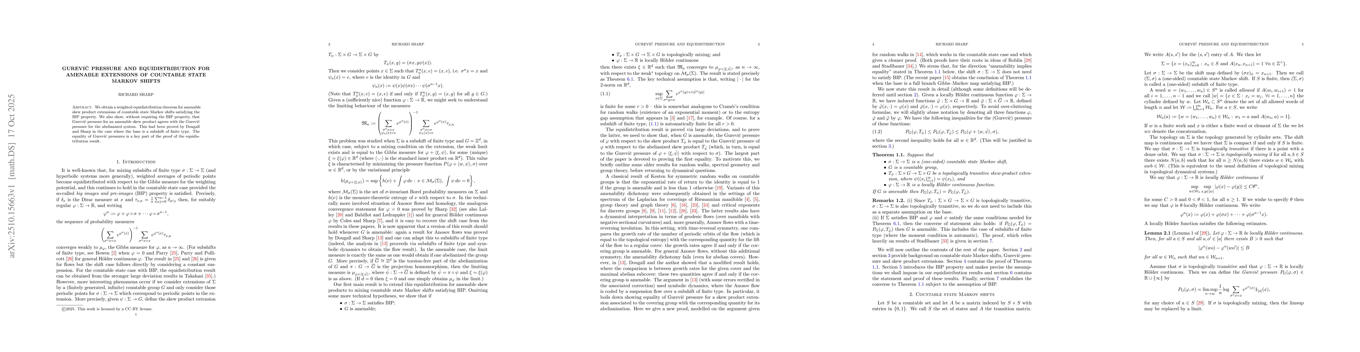 Thumbnail for Gurevic pressure and equidistribution for amenable extensions of
  countable state Markov shifts