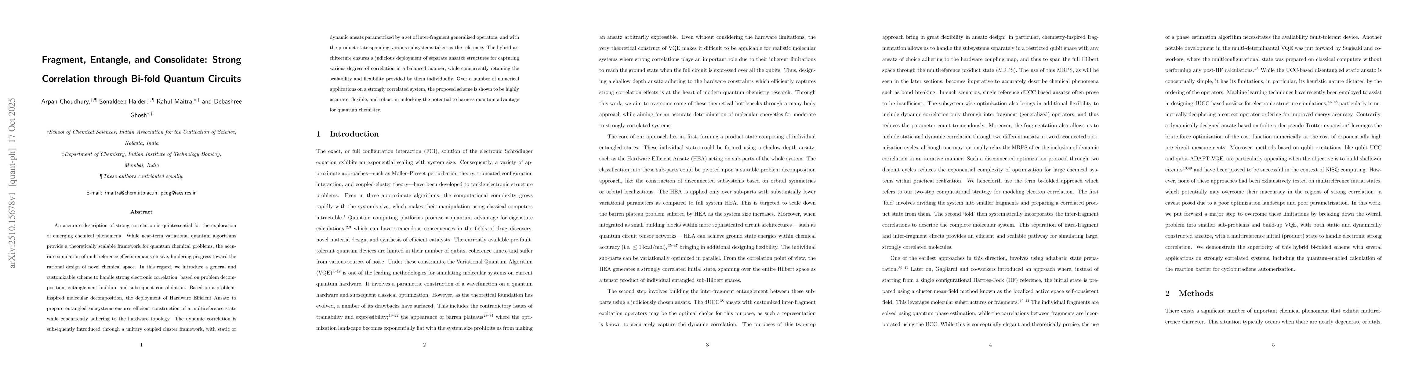 Thumbnail for Fragment, Entangle, and Consolidate: Strong Correlation through Bi-fold
  Quantum Circuits