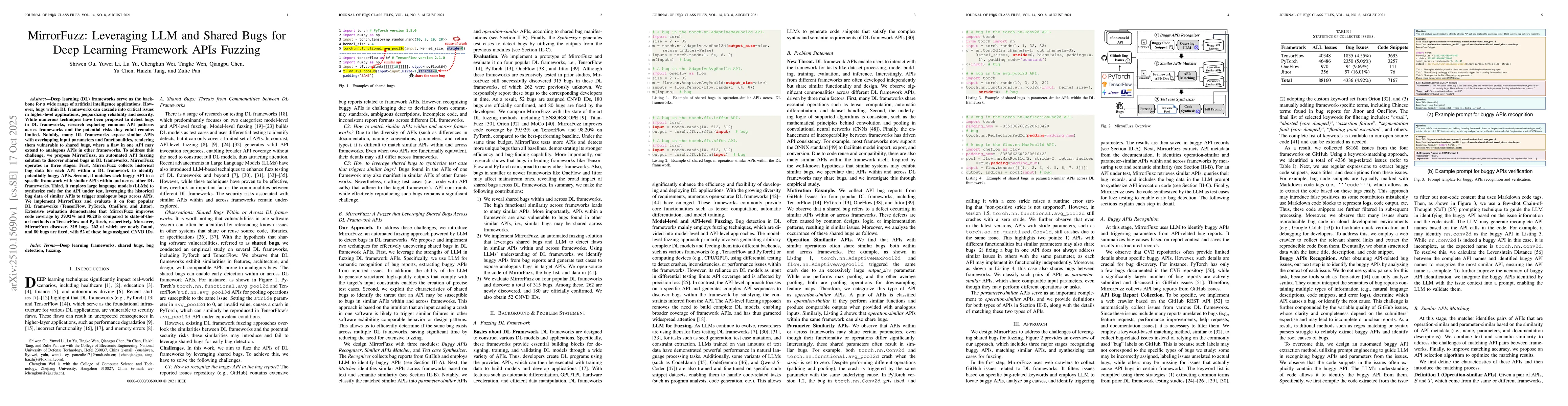 Thumbnail for MirrorFuzz: Leveraging LLM and Shared Bugs for Deep Learning Framework
  APIs Fuzzing
