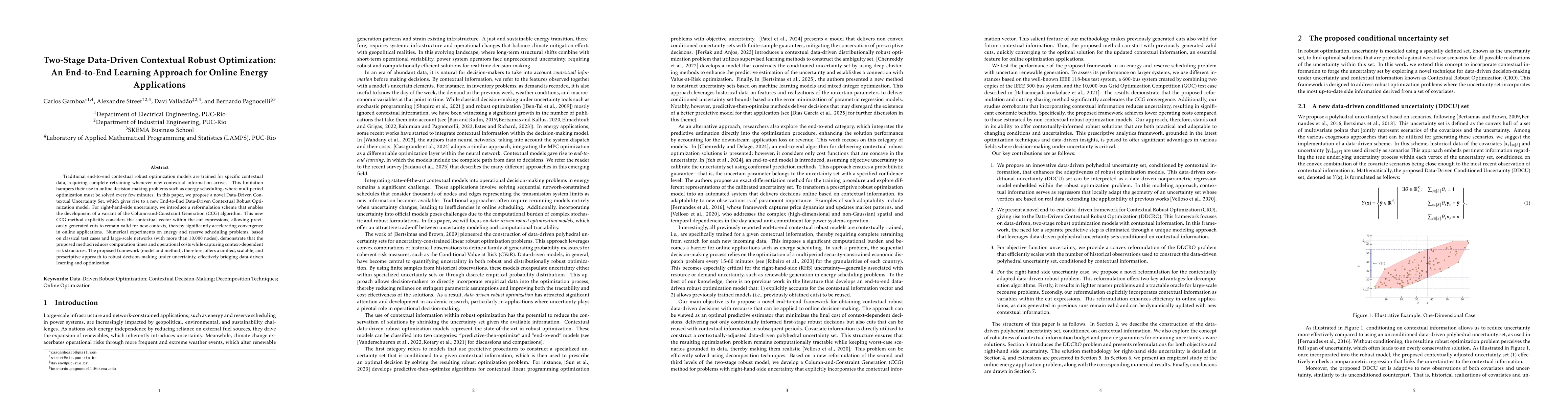 Thumbnail for Two-Stage Data-Driven Contextual Robust Optimization: An End-to-End
  Learning Approach for Online Energy Applications