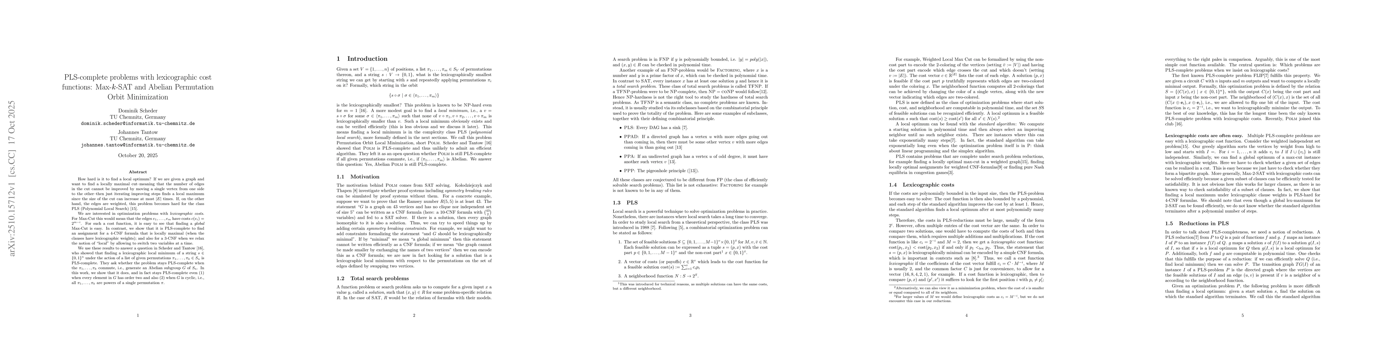 Thumbnail for PLS-complete problems with lexicographic cost functions: Max-$k$-SAT and
  Abelian Permutation Orbit Minimization