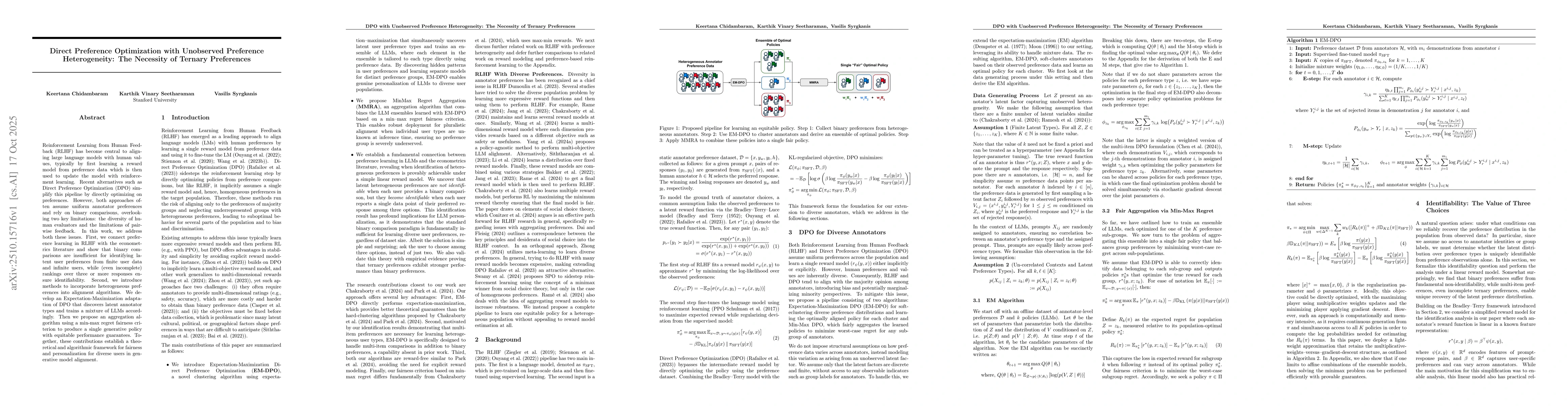 Thumbnail for Direct Preference Optimization with Unobserved Preference Heterogeneity:
  The Necessity of Ternary Preferences