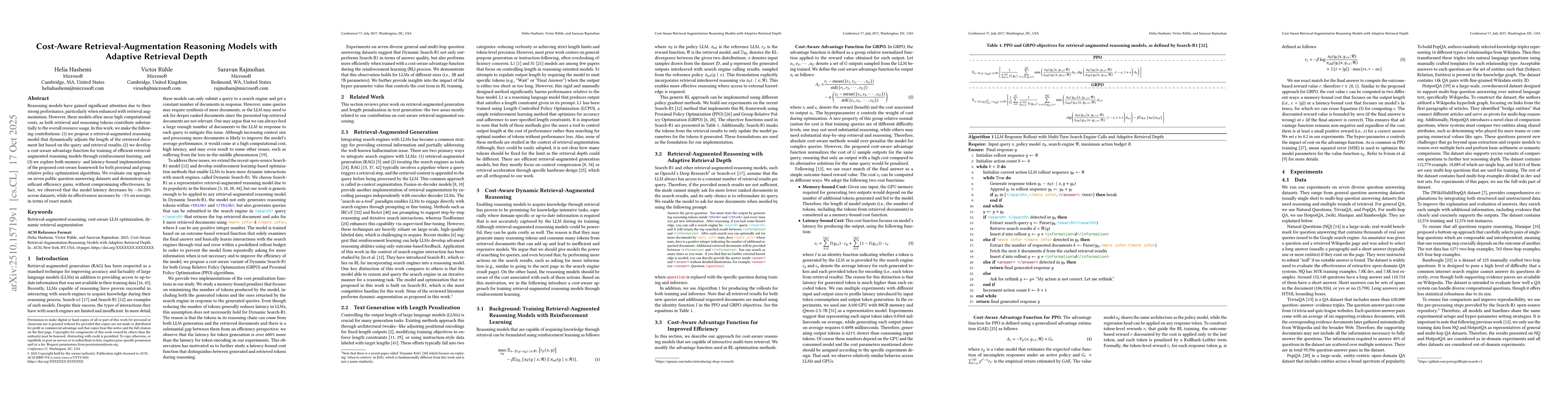 Thumbnail for Cost-Aware Retrieval-Augmentation Reasoning Models with Adaptive
  Retrieval Depth
