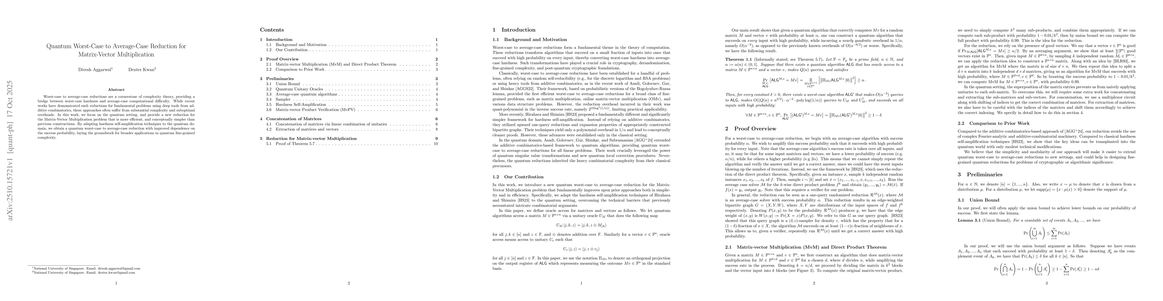 Thumbnail for Quantum Worst-Case to Average-Case Reduction for Matrix-Vector
  Multiplication