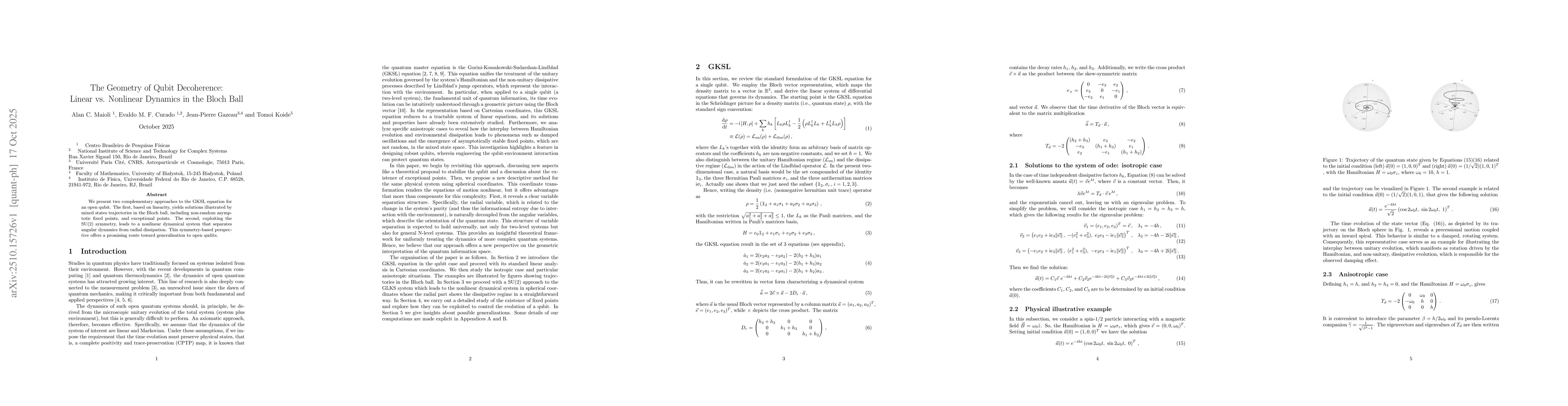 Thumbnail for The Geometry of Qubit Decoherence: Linear vs. Nonlinear Dynamics in the
  Bloch Ball
