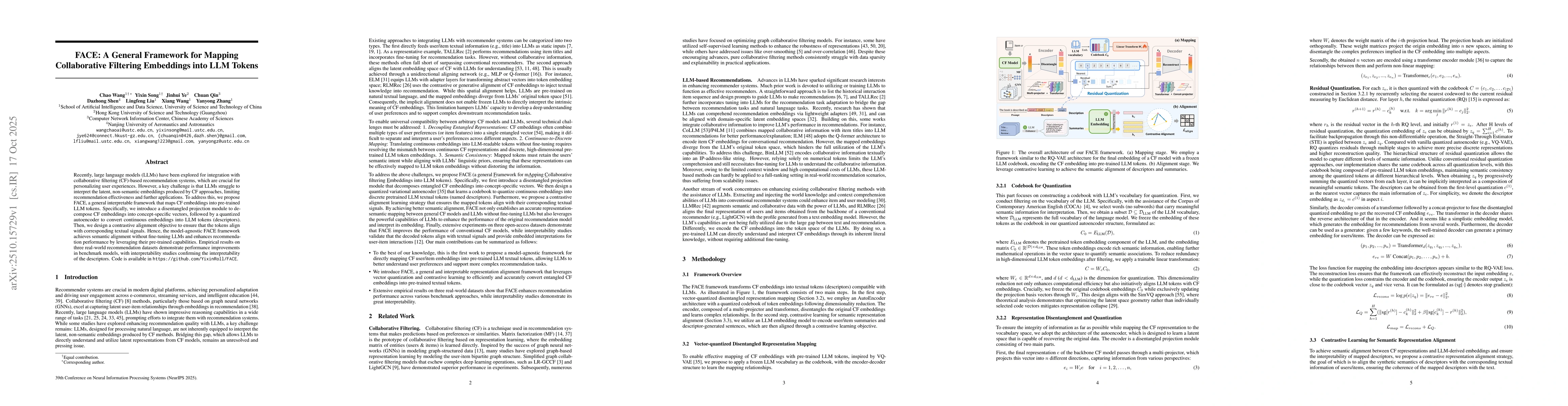 Thumbnail for FACE: A General Framework for Mapping Collaborative Filtering Embeddings
  into LLM Tokens