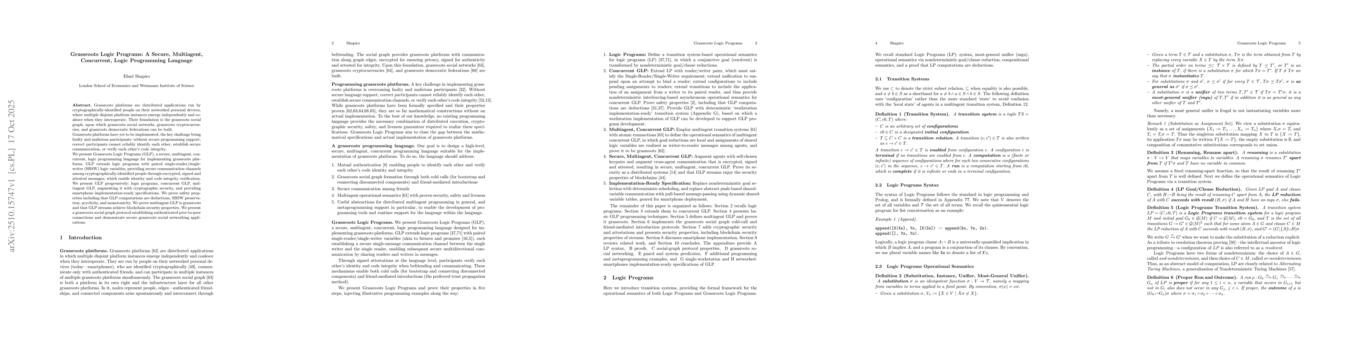 Thumbnail for Grassroots Logic Programs: A Secure, Multiagent, Concurrent, Logic
  Programming Language