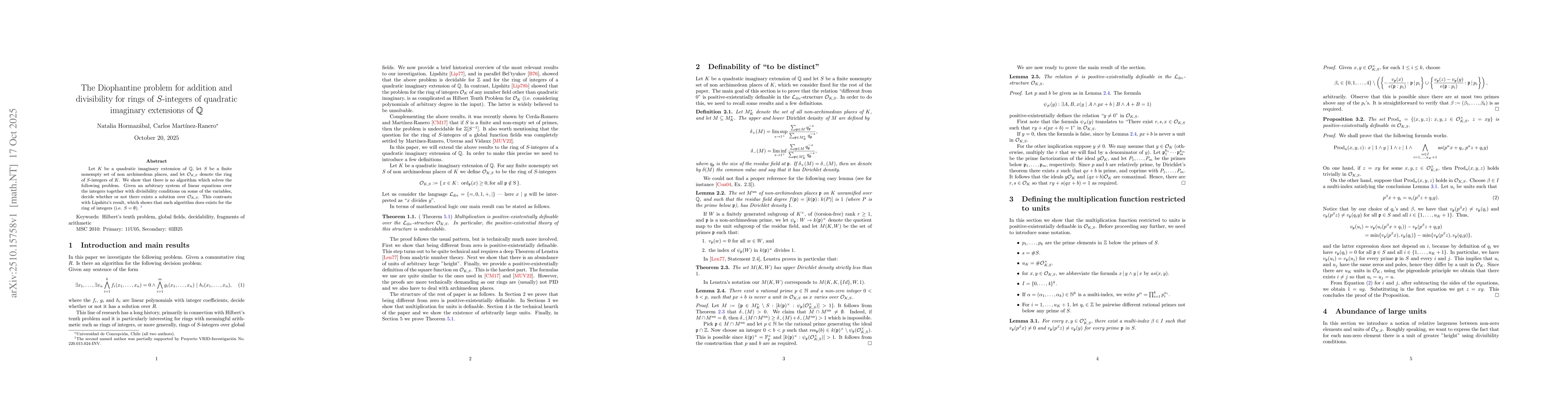 Thumbnail for The Diophantine problem for addition and divisibility for rings of
  $S$-integers of quadratic imaginary extensions of $\mathbb{Q}$