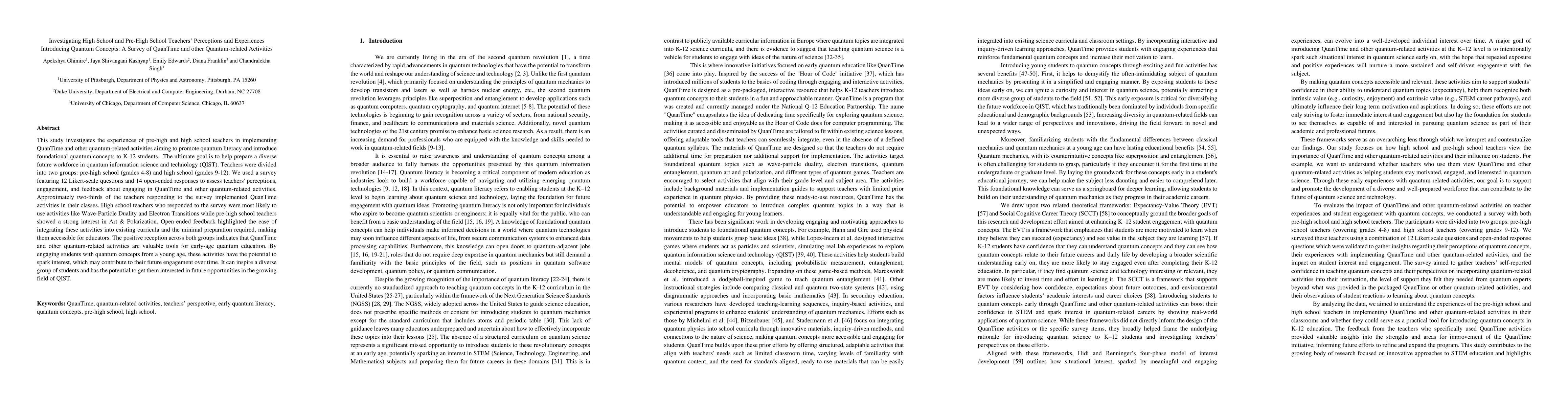 Thumbnail for Investigating High School and Pre-High School Teachers' Perceptions and
  Experiences Introducing Quantum Concepts: A Survey of QuanTime and other
  Quantum-related Activities
