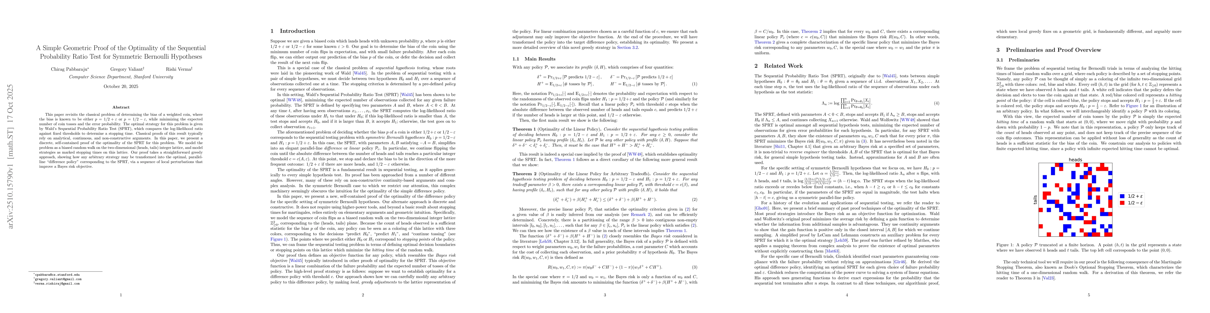 Thumbnail for A Simple Geometric Proof of the Optimality of the Sequential Probability
  Ratio Test for Symmetric Bernoulli Hypotheses