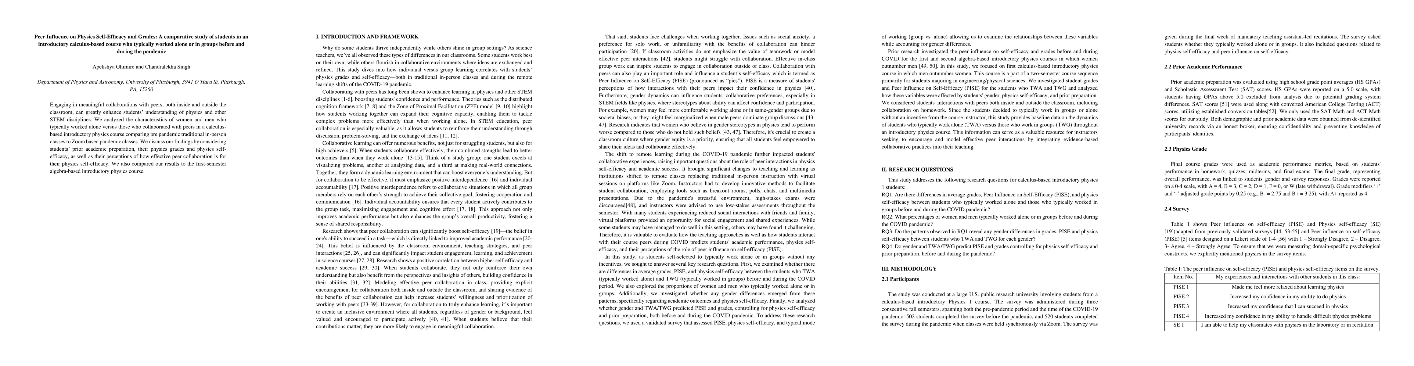 Thumbnail for Peer Influence on Physics Self-Efficacy and Grades: A comparative study
  of students in an introductory calculus-based course who typically worked
  alone or in groups before and during the pandemic