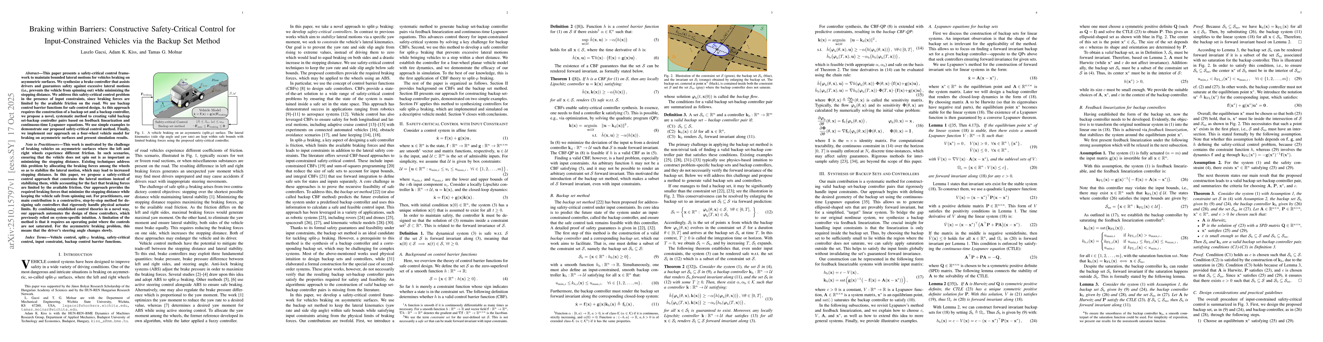 Thumbnail for Braking within Barriers: Constructive Safety-Critical Control for
  Input-Constrained Vehicles via the Backup Set Method