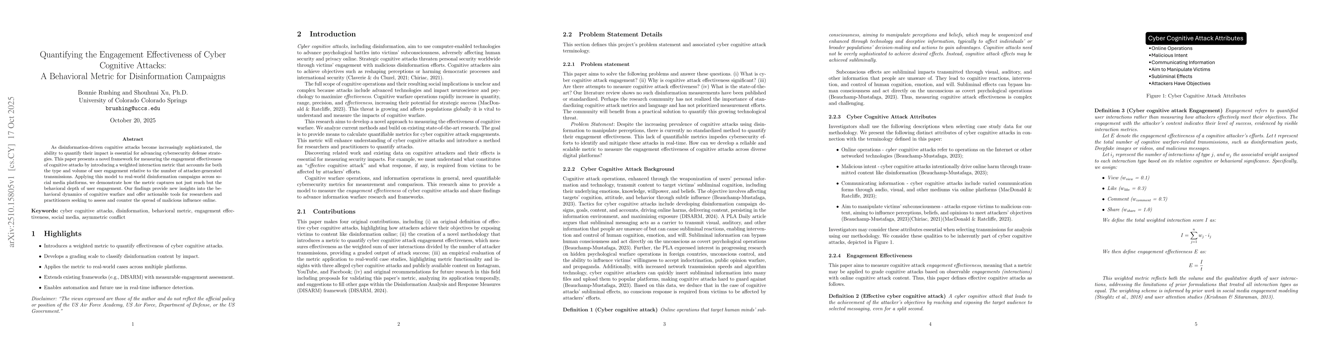 Thumbnail for Quantifying the Engagement Effectiveness of Cyber Cognitive Attacks: A
  Behavioral Metric for Disinformation Campaigns