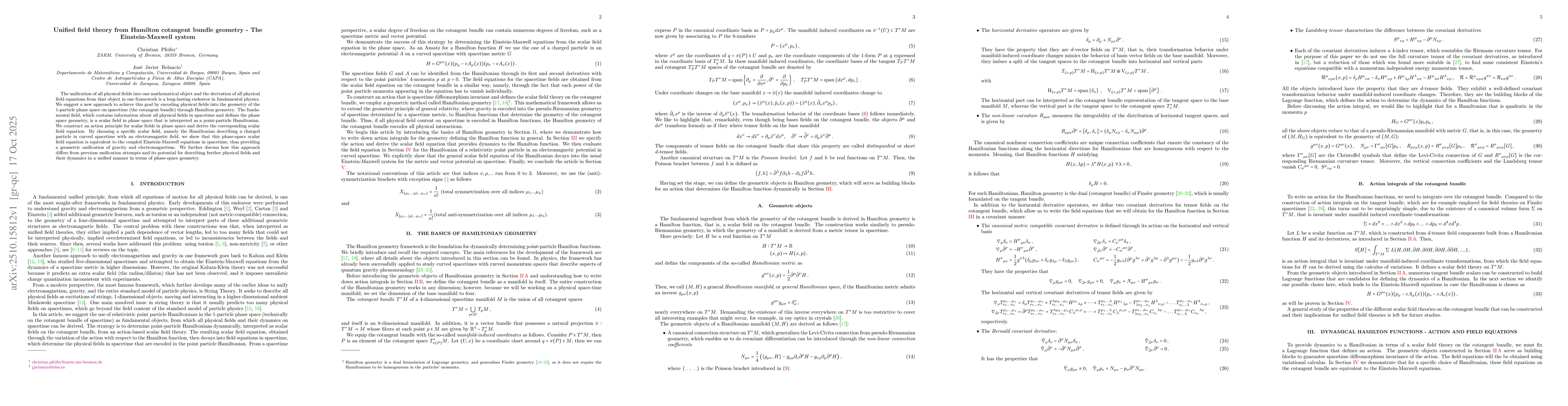 Thumbnail for Unified field theory from Hamilton cotangent bundle geometry - The
  Einstein-Maxwell system