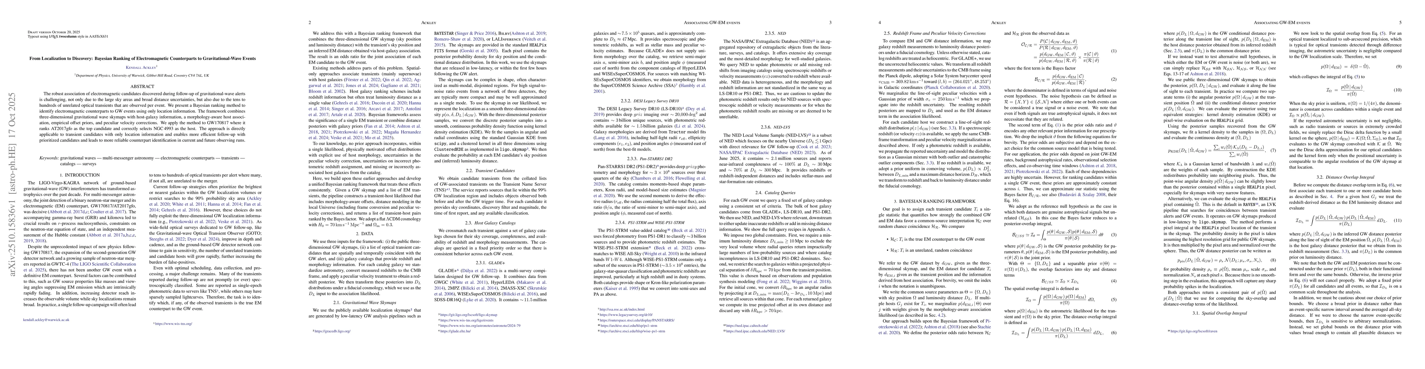 Thumbnail for From Localization to Discovery: Bayesian Ranking of Electromagnetic
  Counterparts to Gravitational-Wave Events