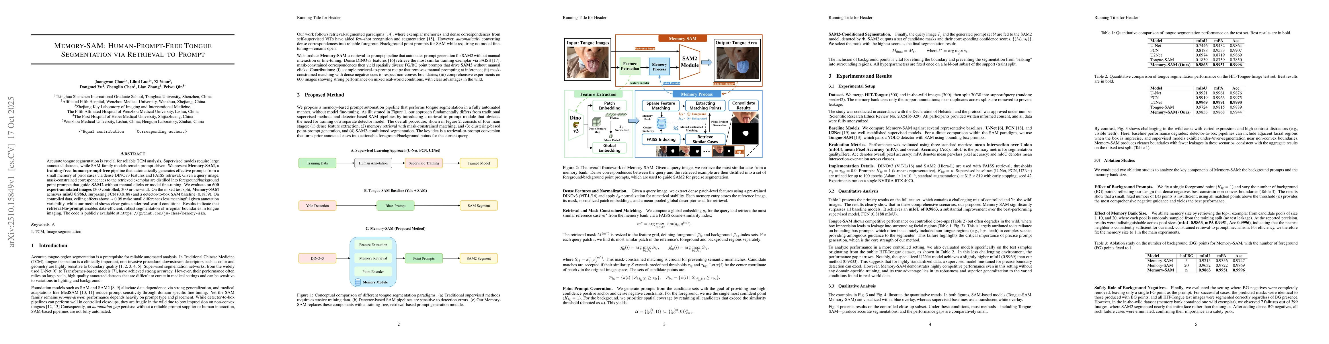 Thumbnail for Memory-SAM: Human-Prompt-Free Tongue Segmentation via
  Retrieval-to-Prompt