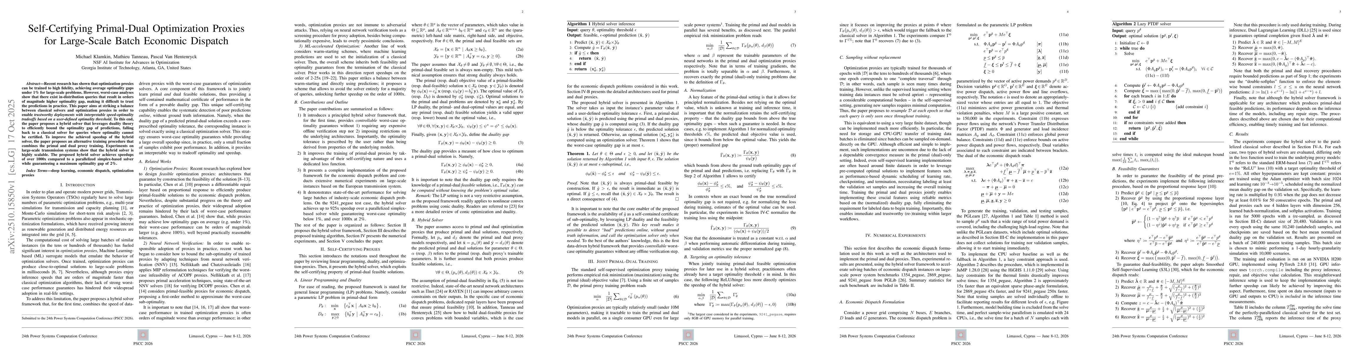 Thumbnail for Self-Certifying Primal-Dual Optimization Proxies for Large-Scale Batch
  Economic Dispatch