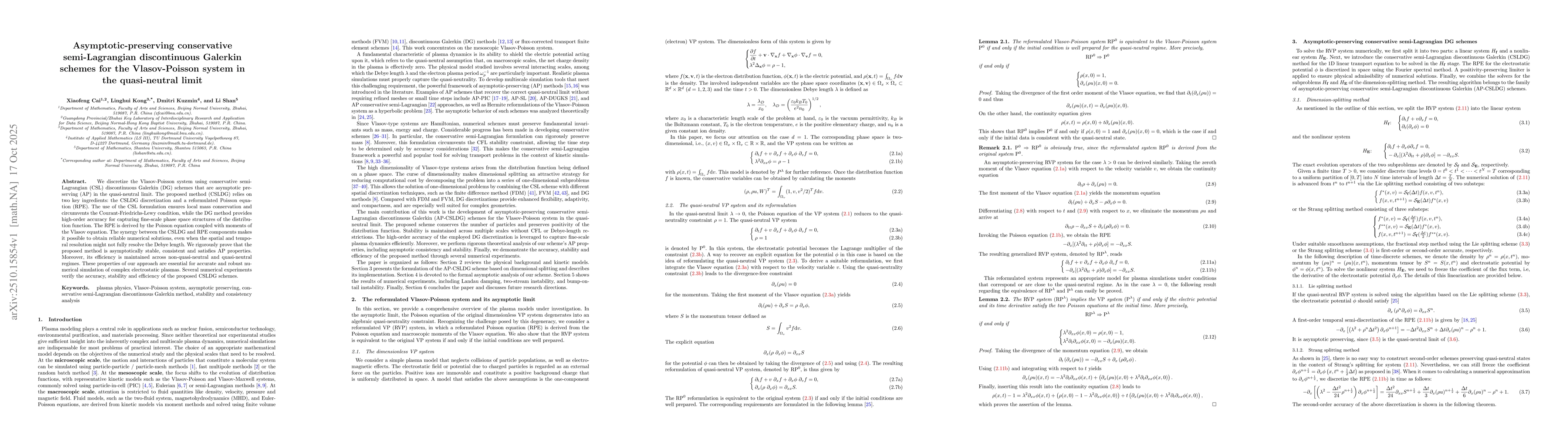 Thumbnail for Asymptotic-preserving conservative semi-Lagrangian discontinuous
  Galerkin schemes for the Vlasov-Poisson system in the quasi-neutral limit